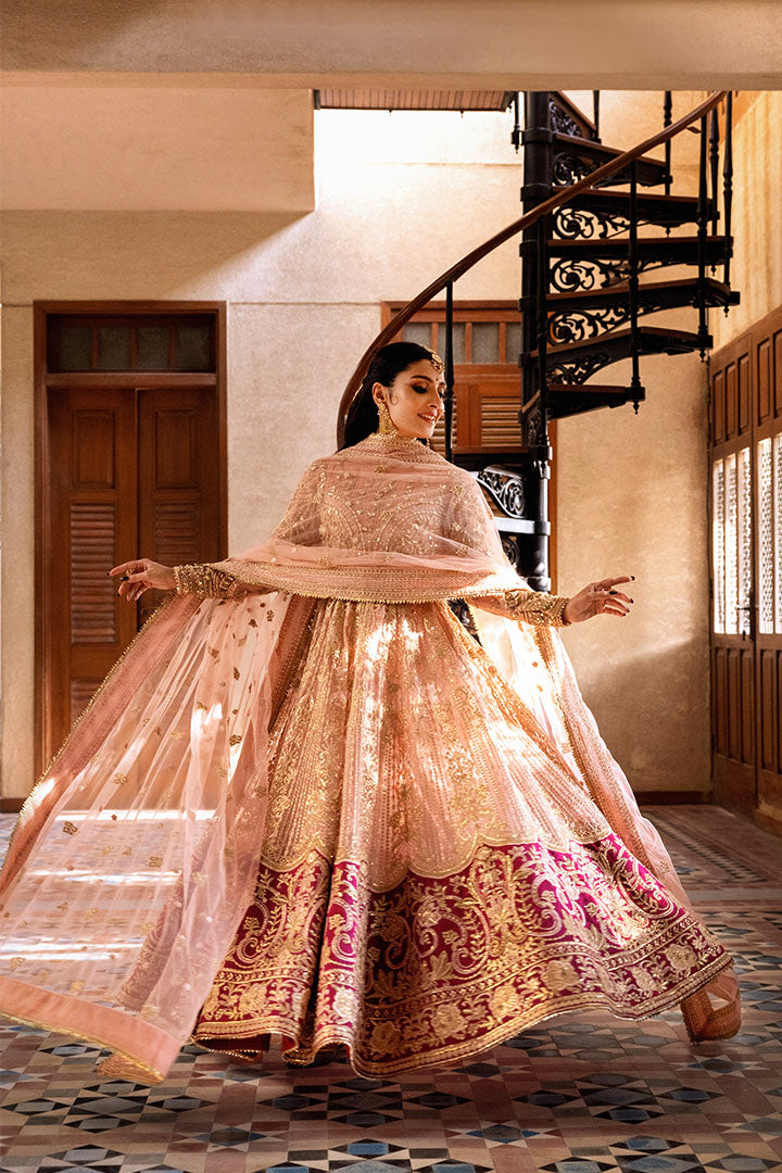 Pakistani Pastel Pink Embellished Net & Raw Silk Bridal Lehenga (3-Piece) - Image 4