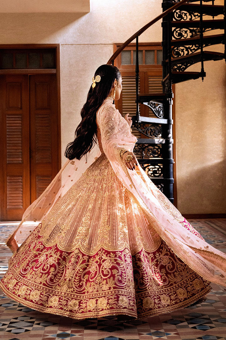 Pakistani Pastel Pink Embellished Net & Raw Silk Bridal Lehenga (3-Piece) - Image 5