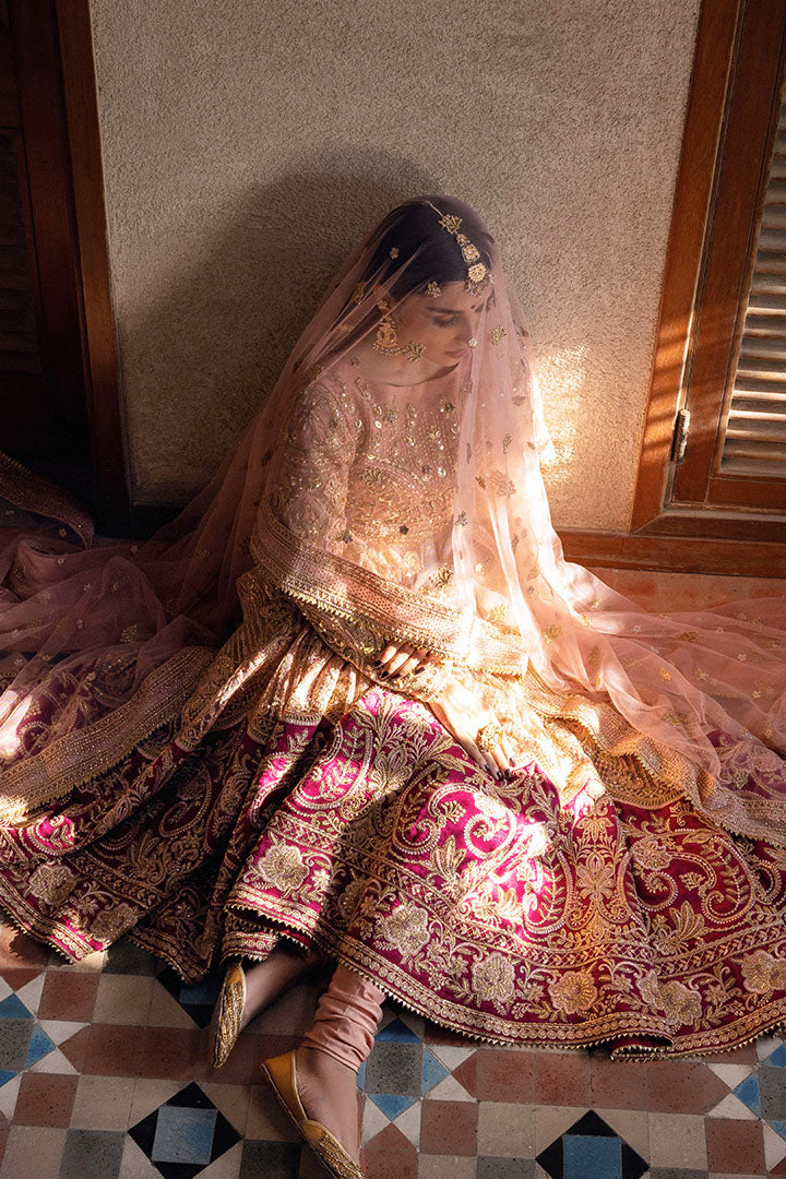 Pakistani Pastel Pink Embellished Net & Raw Silk Bridal Lehenga (3-Piece) - Image 7