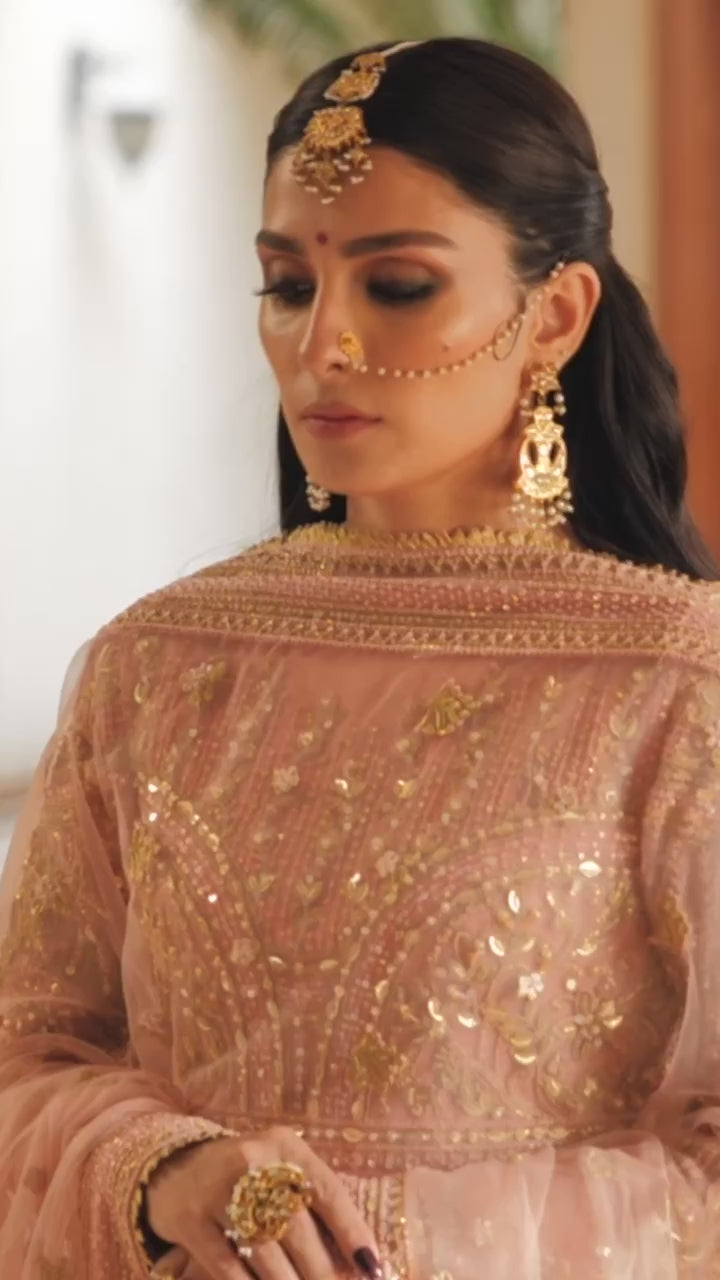 Pakistani Pastel Pink Embellished Net & Raw Silk Bridal Lehenga (3-Piece) - Image 9