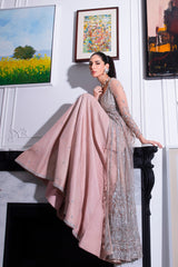 Pakistani Blush Pink Embroidered Net Gown with Lehnga (2-Piece) - Image 2