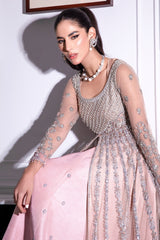 Pakistani Blush Pink Embroidered Net Gown with Lehnga (2-Piece) - Image 3