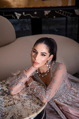 Pakistani Blush Pink Embroidered Net Gown with Lehnga (2-Piece) - Image 4