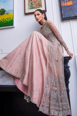 Pakistani Blush Pink Embroidered Net Gown with Lehnga (2-Piece) - Image 5