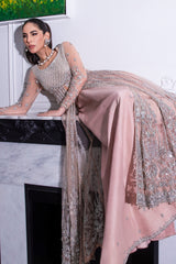 Pakistani Blush Pink Embroidered Net Gown with Lehnga (2-Piece) - Image 6