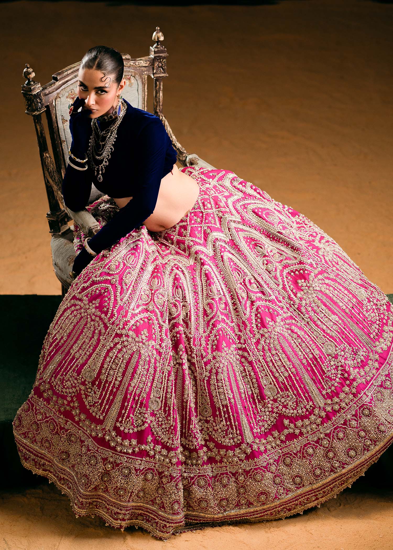 Hot Pink Embellished Raw Silk Lehenga (3-Piece) - Image 6