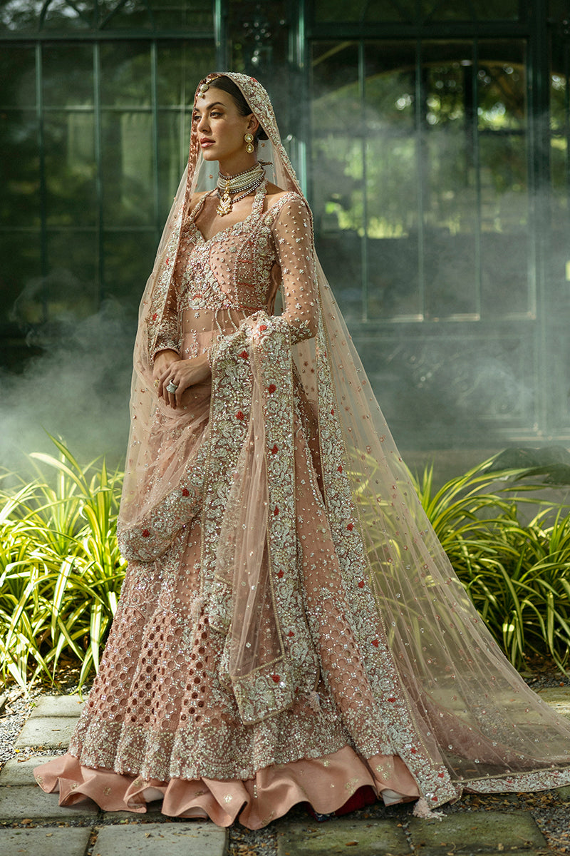 Pakistani Peach Embellished Net & Silk Bridal Lehenga (3-Piece) - Image 1