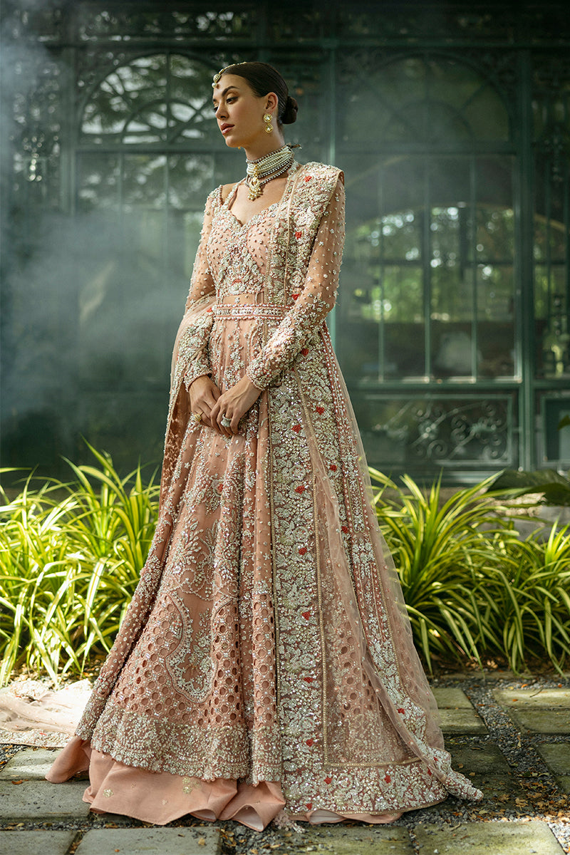 Pakistani Peach Embellished Net & Silk Bridal Lehenga (3-Piece) - Image 2