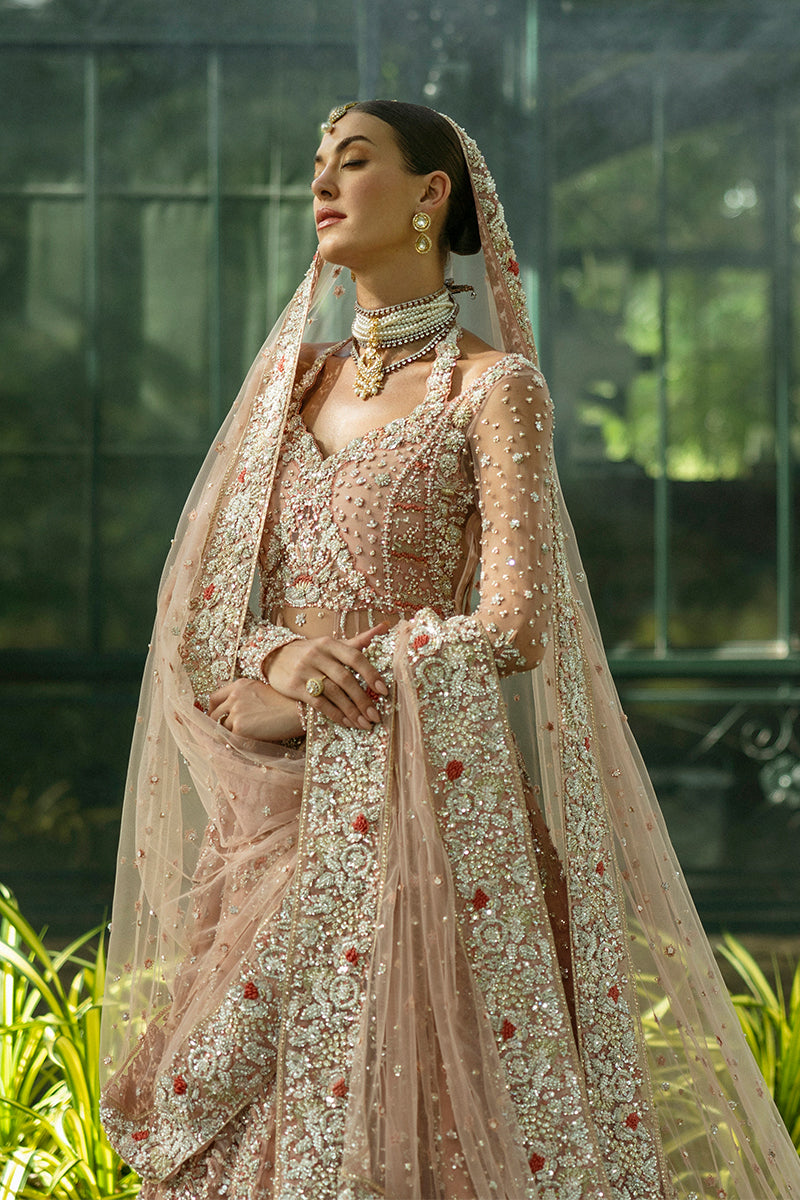 Pakistani Peach Embellished Net & Silk Bridal Lehenga (3-Piece) - Image 3