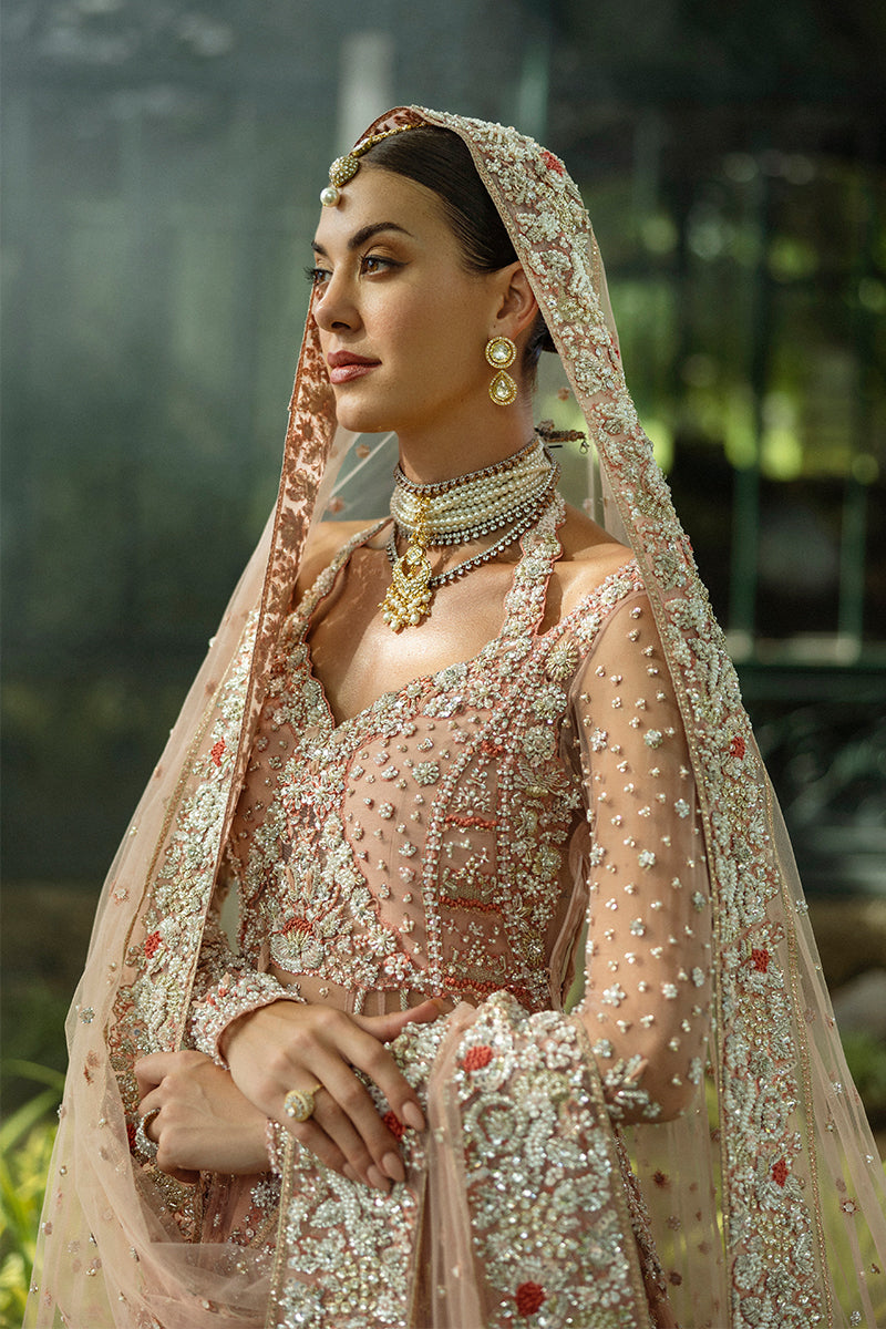 Pakistani Peach Embellished Net & Silk Bridal Lehenga (3-Piece) - Image 4