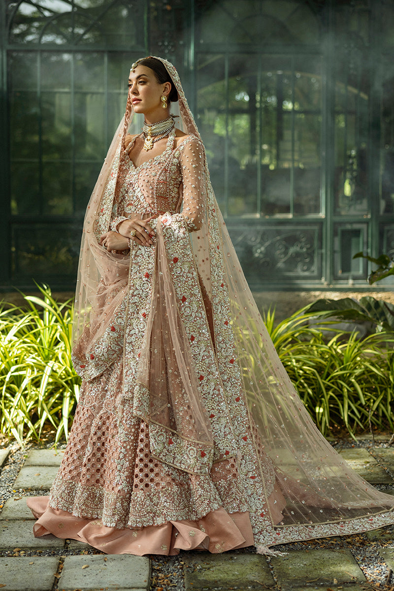 Pakistani Peach Embellished Net & Silk Bridal Lehenga (3-Piece) - Image 5
