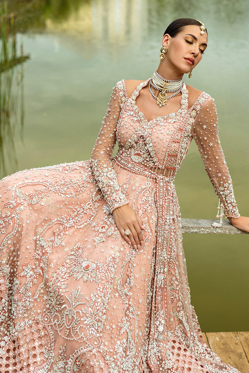 Pakistani Peach Embellished Net & Silk Bridal Lehenga (3-Piece) - Image 6