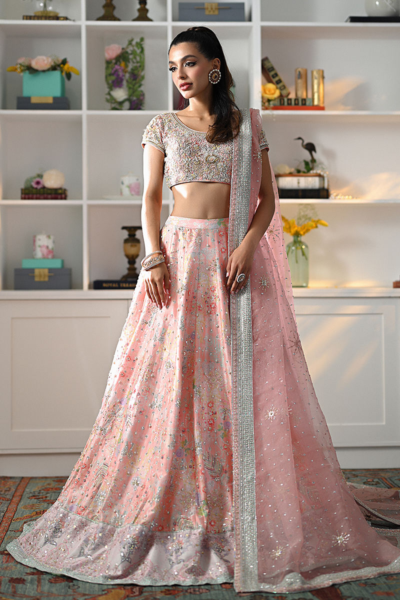 Tea Pink Embellished Raw Silk Lehenga Choli (3-Piece) - Image 1