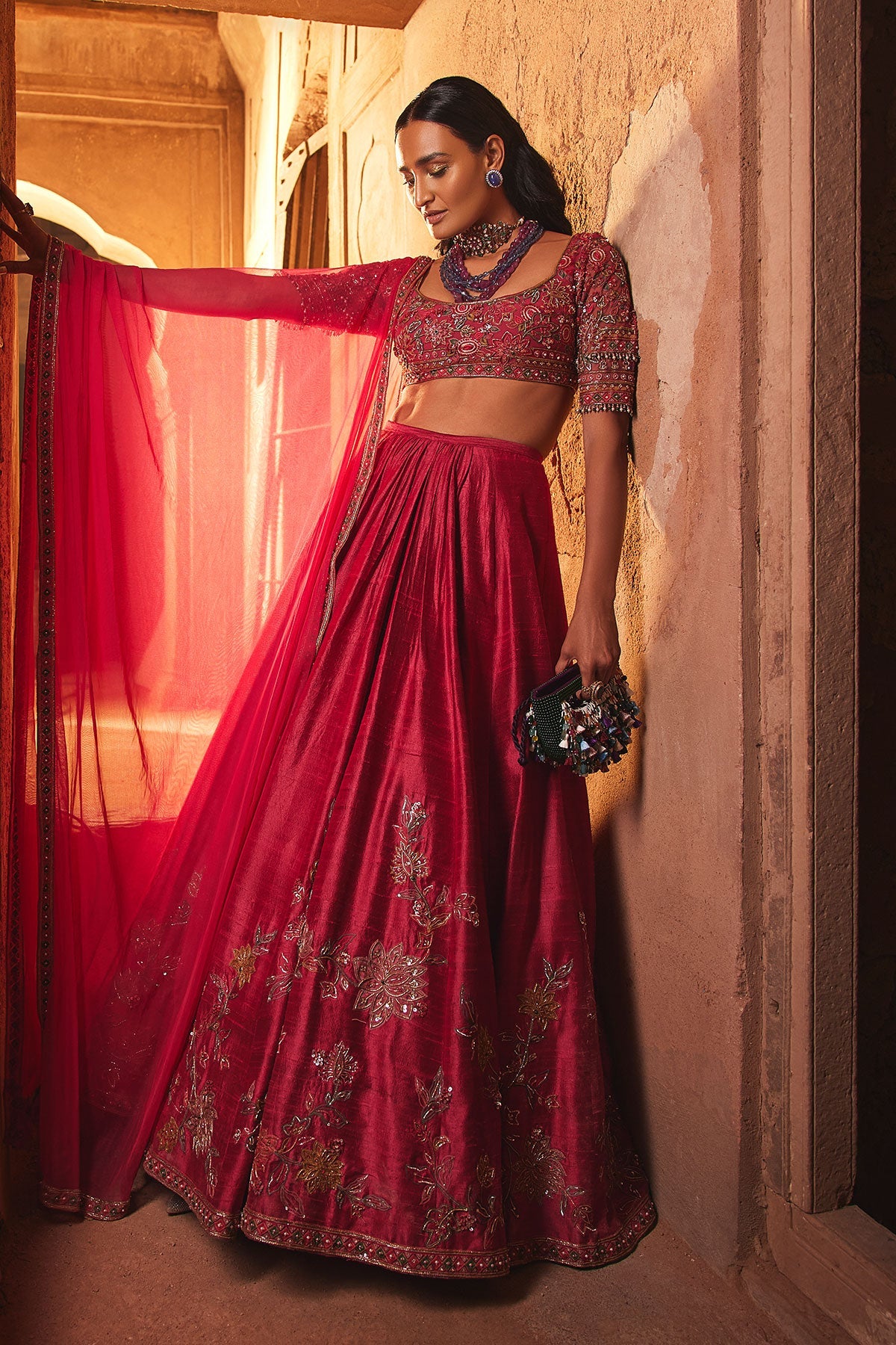 Indian Fuchsia Embroidered Net & Raw Silk Lehenga (3-Piece) - Image 2