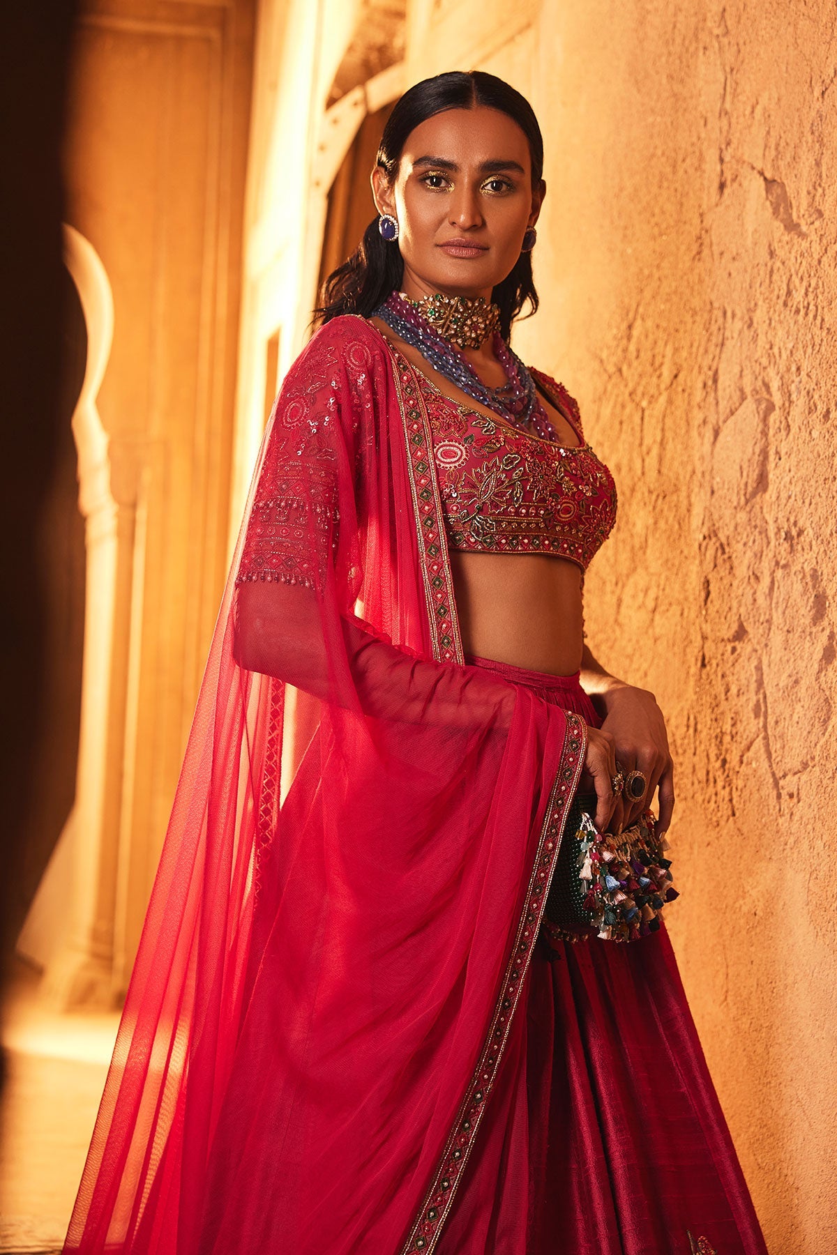 Indian Fuchsia Embroidered Net & Raw Silk Lehenga (3-Piece) - Image 3