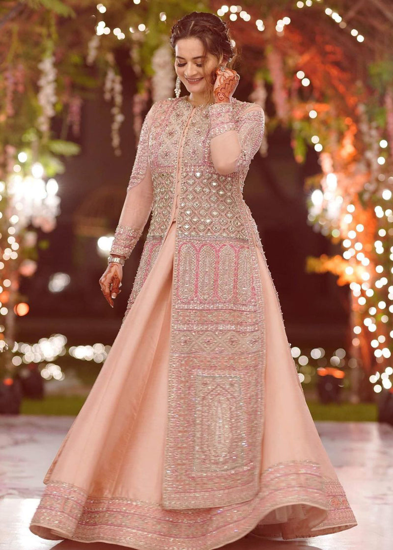 Pakistani Blush Pink Embroidered Organza Jacket with Raw Silk Lehenga (3-Piece) - Image 1