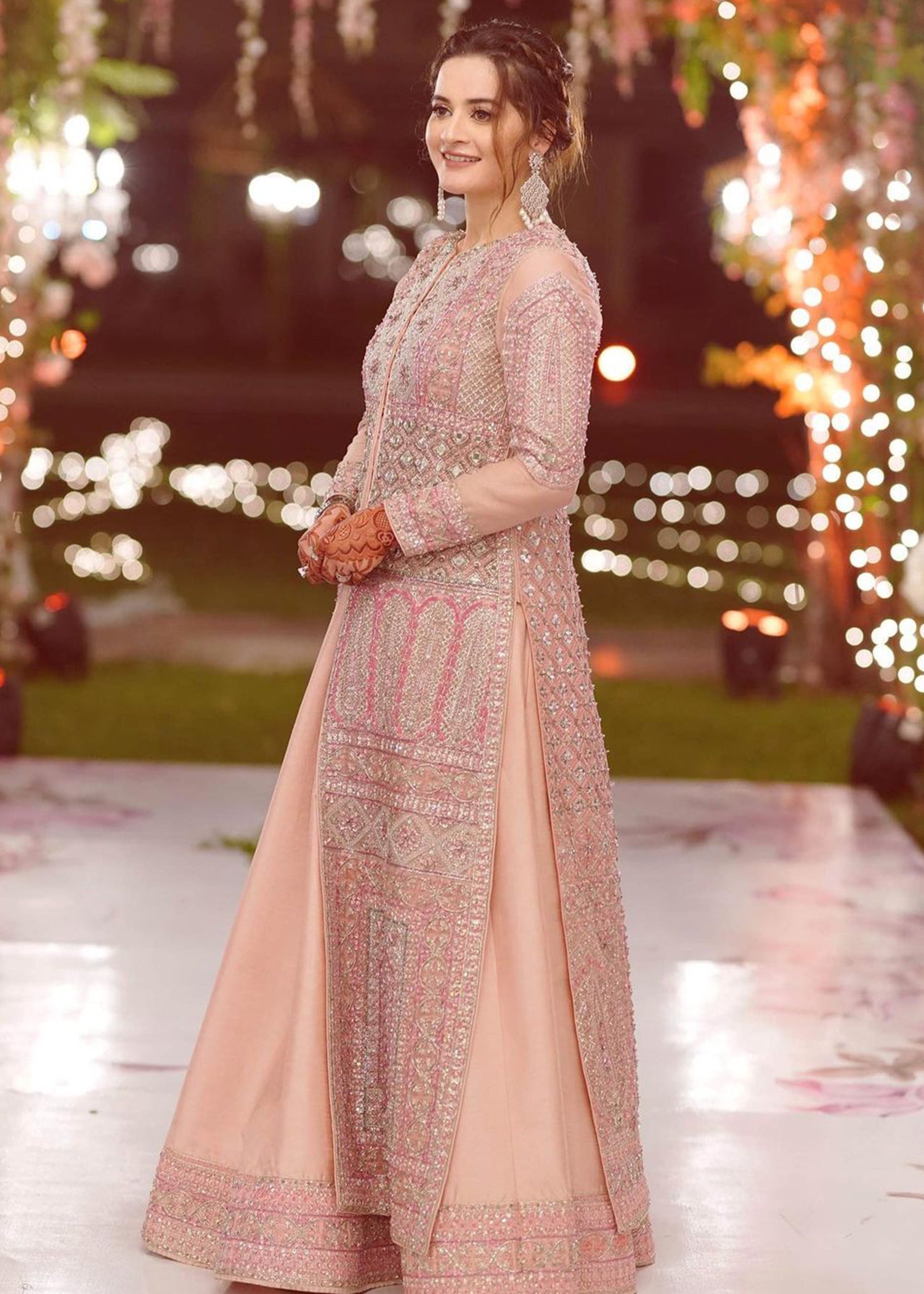 Pakistani Blush Pink Embroidered Organza Jacket with Raw Silk Lehenga (3-Piece) - Image 4