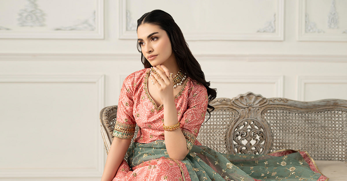 Pakistani Coral Embroidered Raw Silk Lehenga (3-Piece) - Image 10