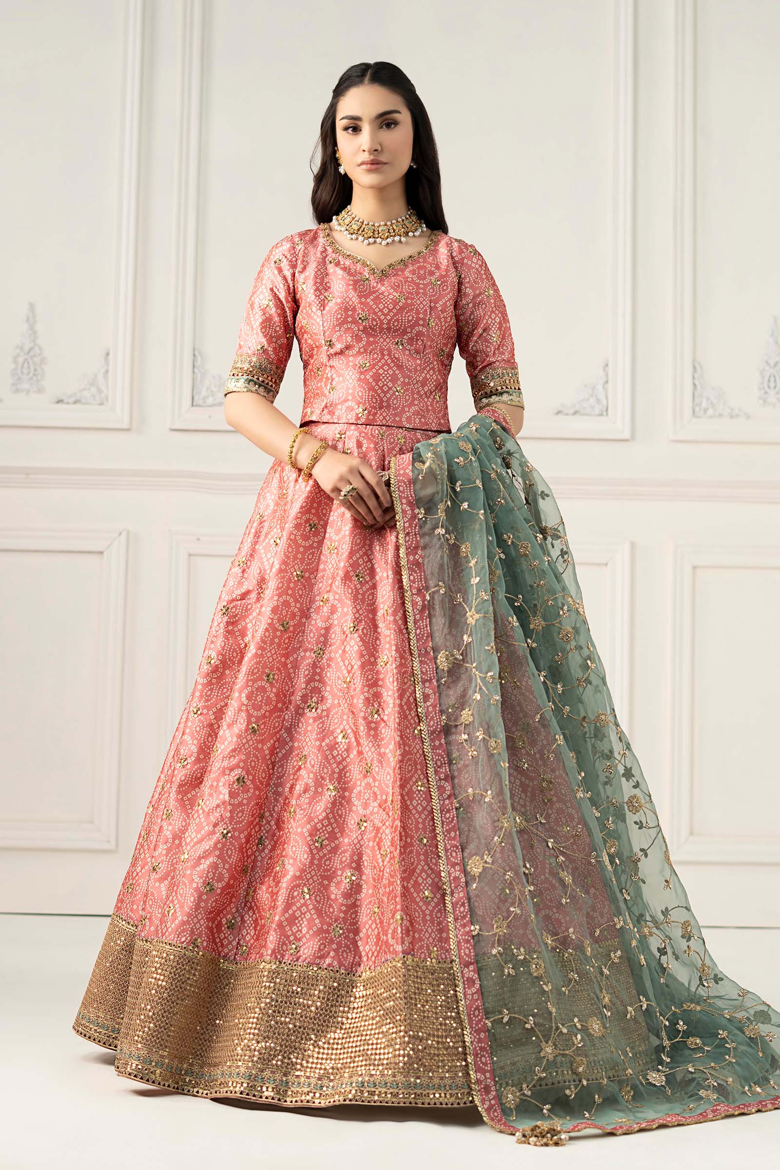 Pakistani Coral Embroidered Raw Silk Lehenga (3-Piece) - Image 2