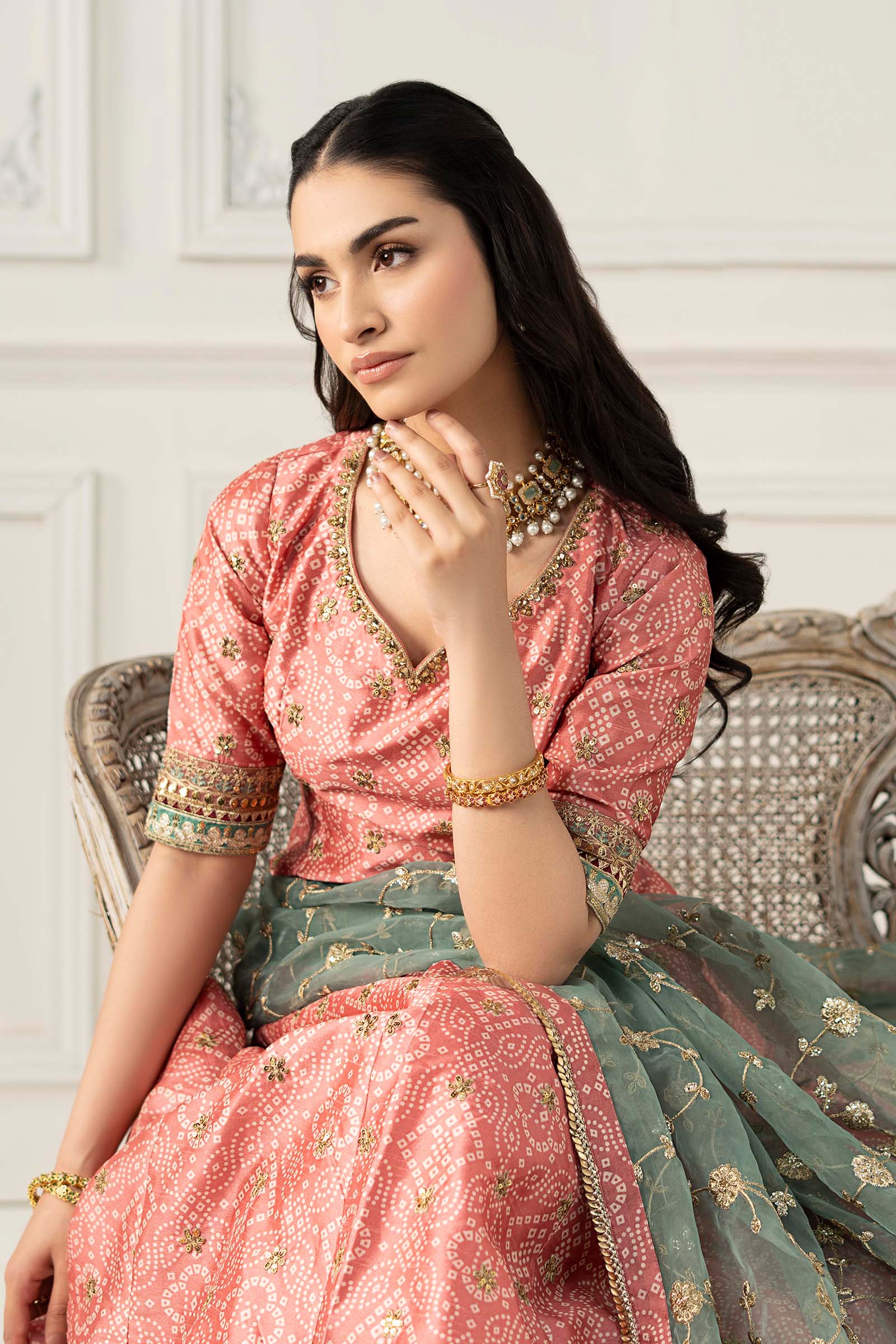 Pakistani Coral Embroidered Raw Silk Lehenga (3-Piece) - Image 3