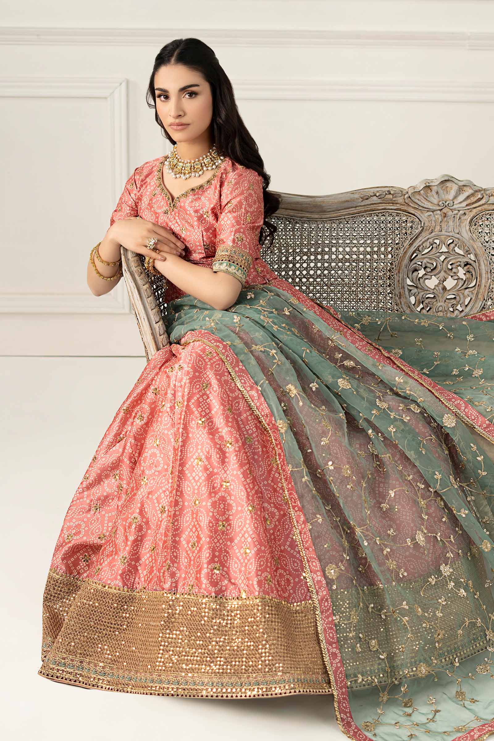Pakistani Coral Embroidered Raw Silk Lehenga (3-Piece) - Image 4