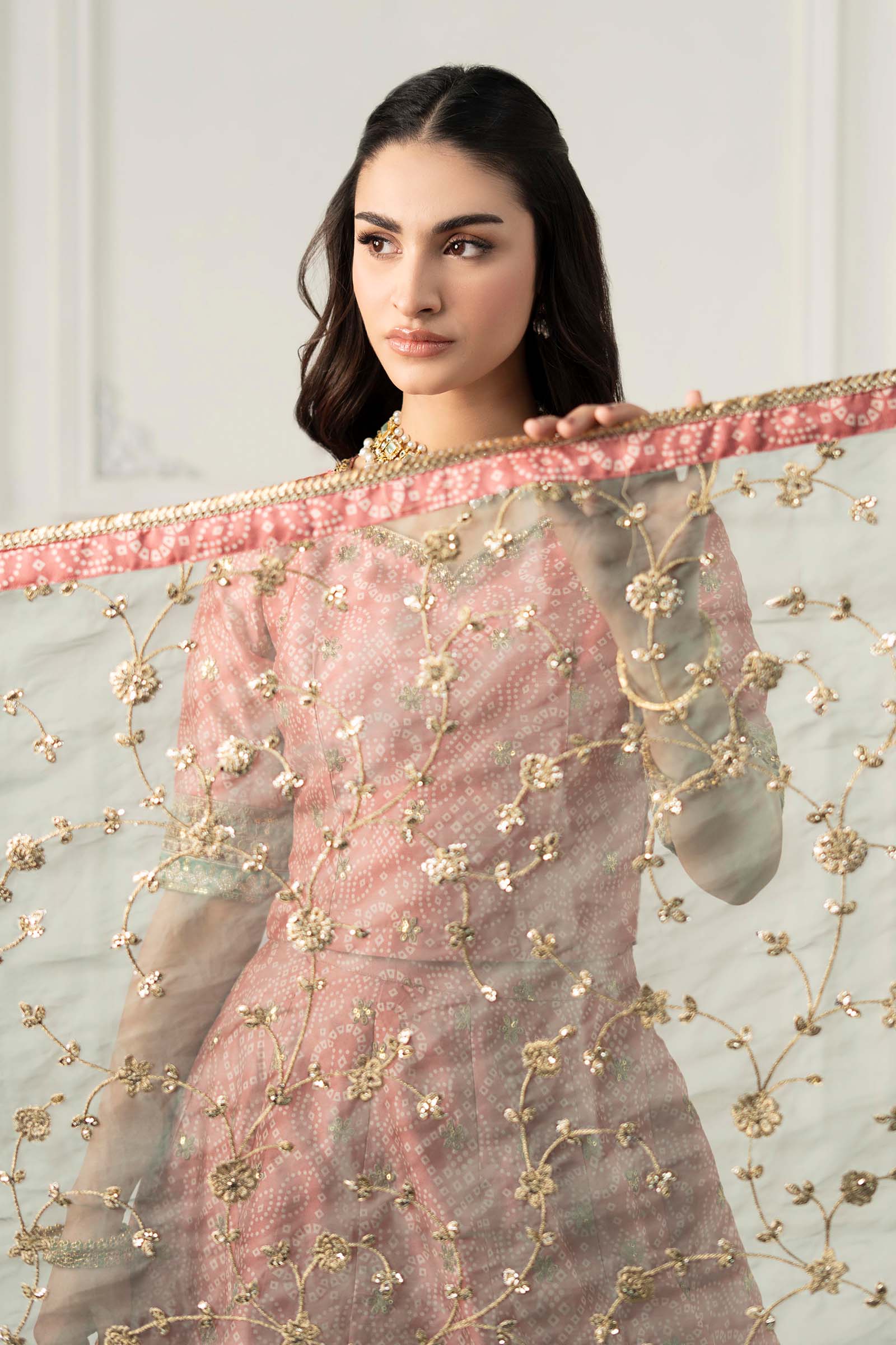 Pakistani Coral Embroidered Raw Silk Lehenga (3-Piece) - Image 5