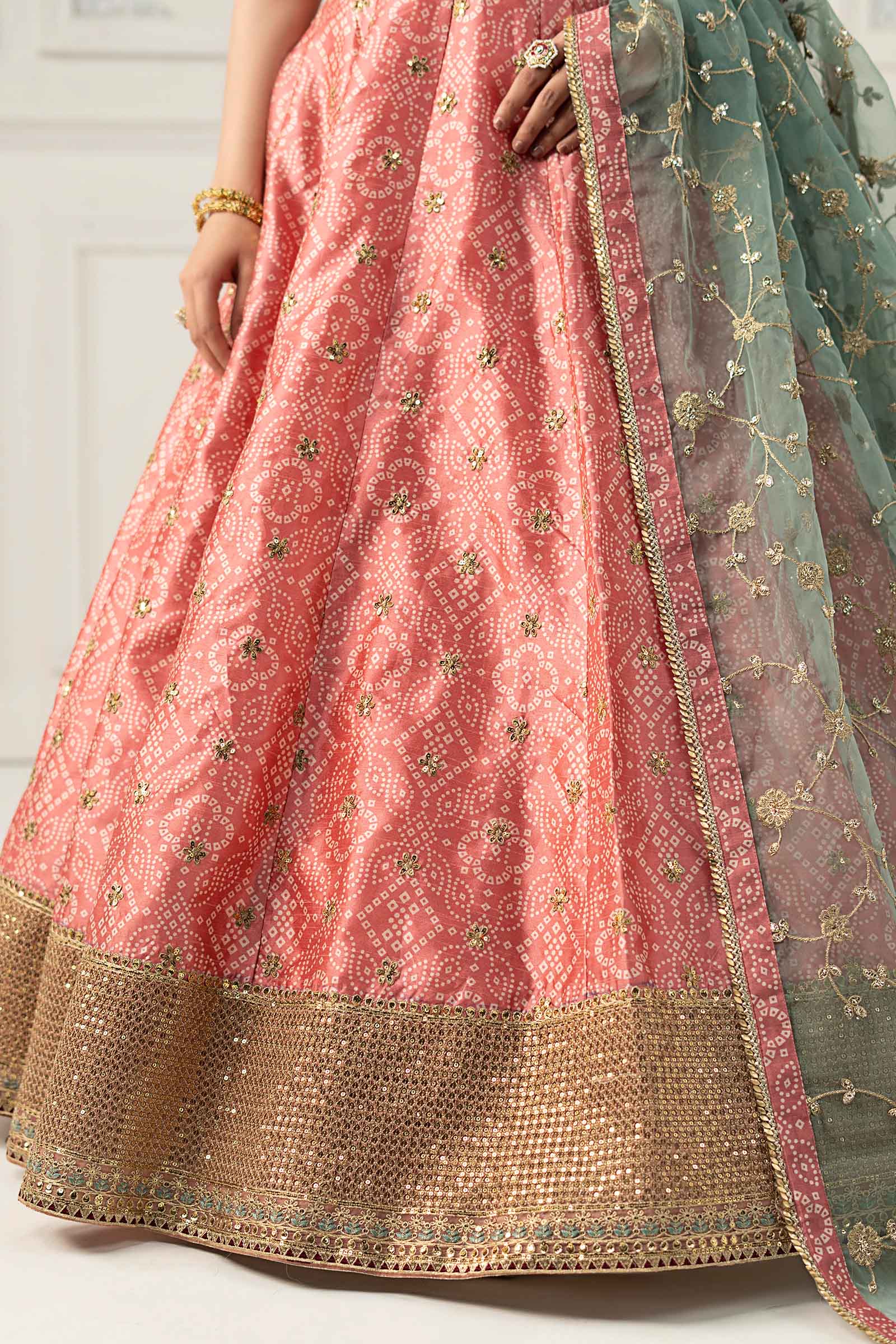 Pakistani Coral Embroidered Raw Silk Lehenga (3-Piece) - Image 6
