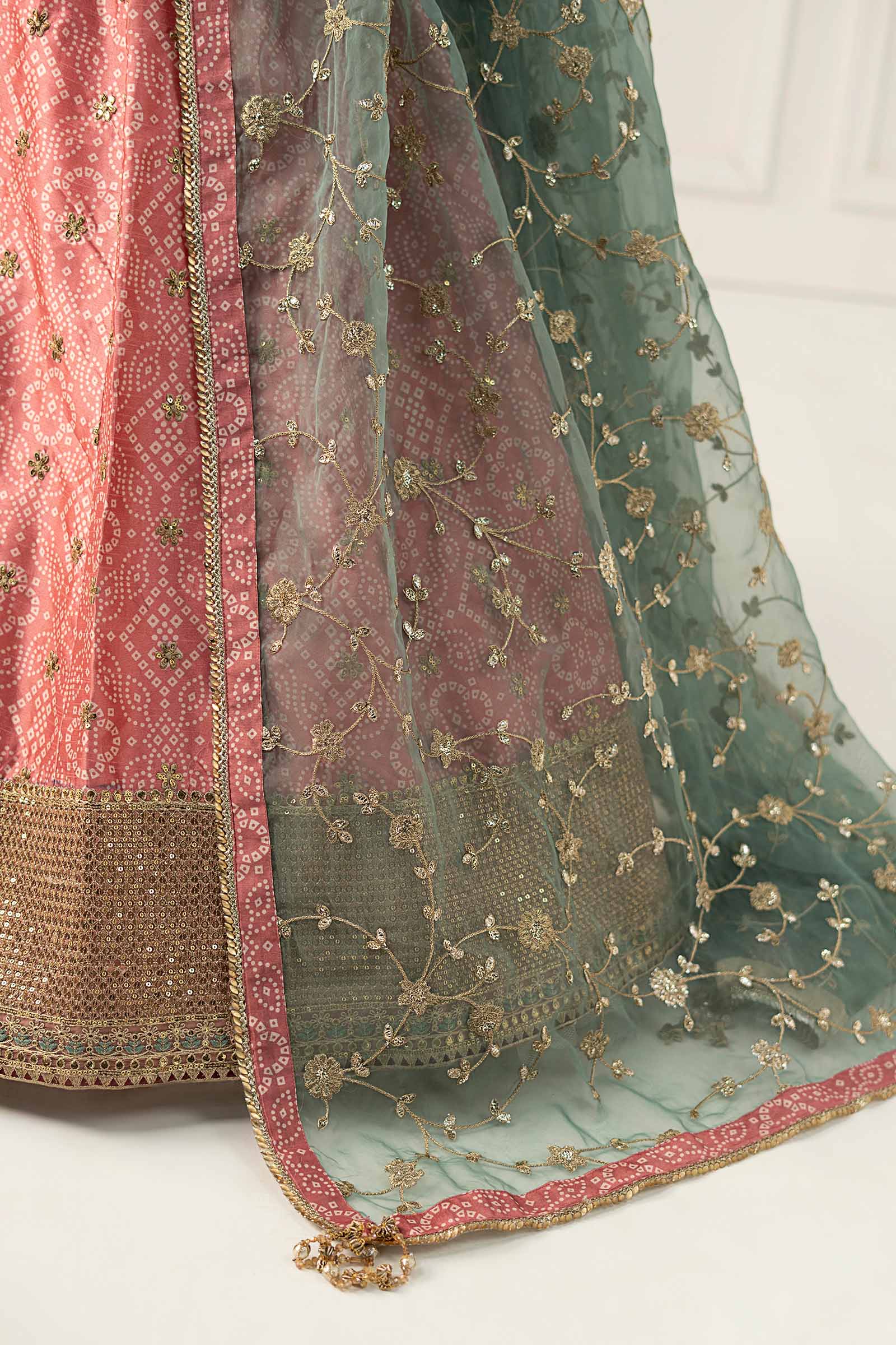Pakistani Coral Embroidered Raw Silk Lehenga (3-Piece) - Image 7