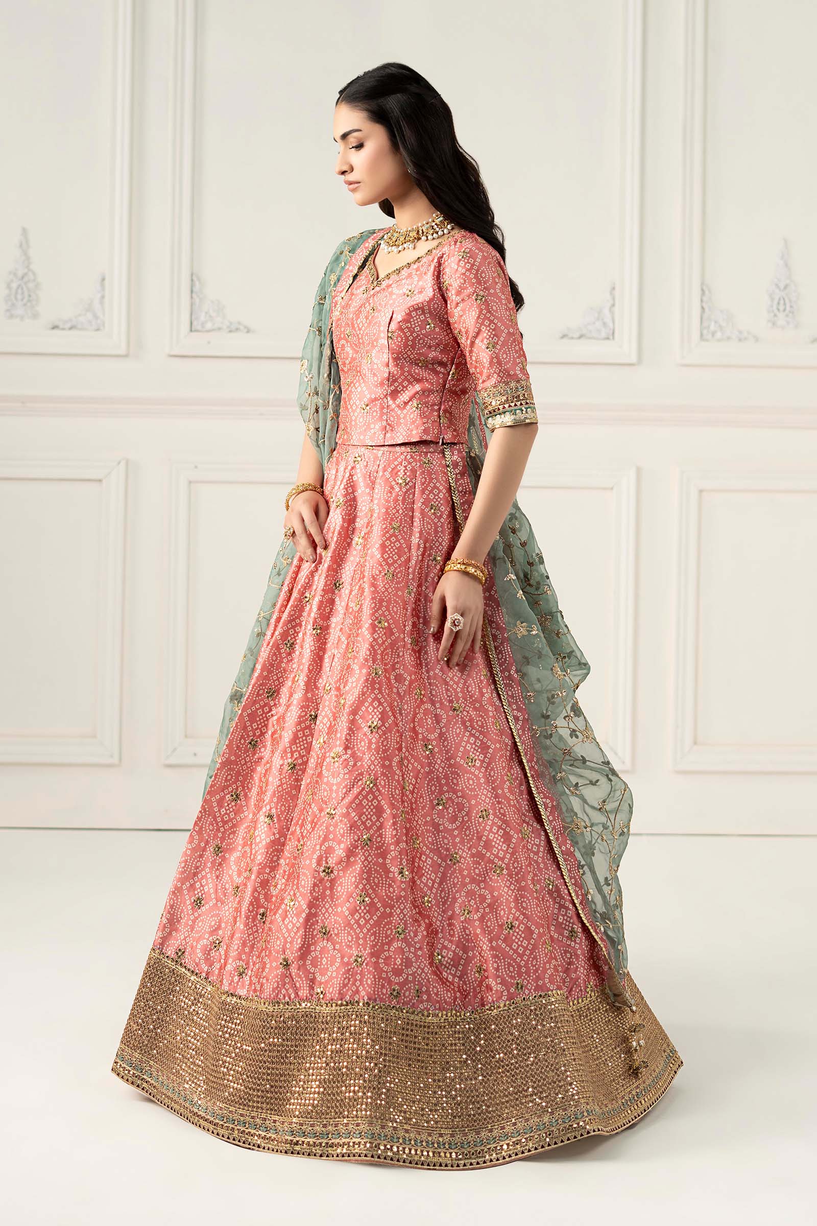 Pakistani Coral Embroidered Raw Silk Lehenga (3-Piece) - Image 8