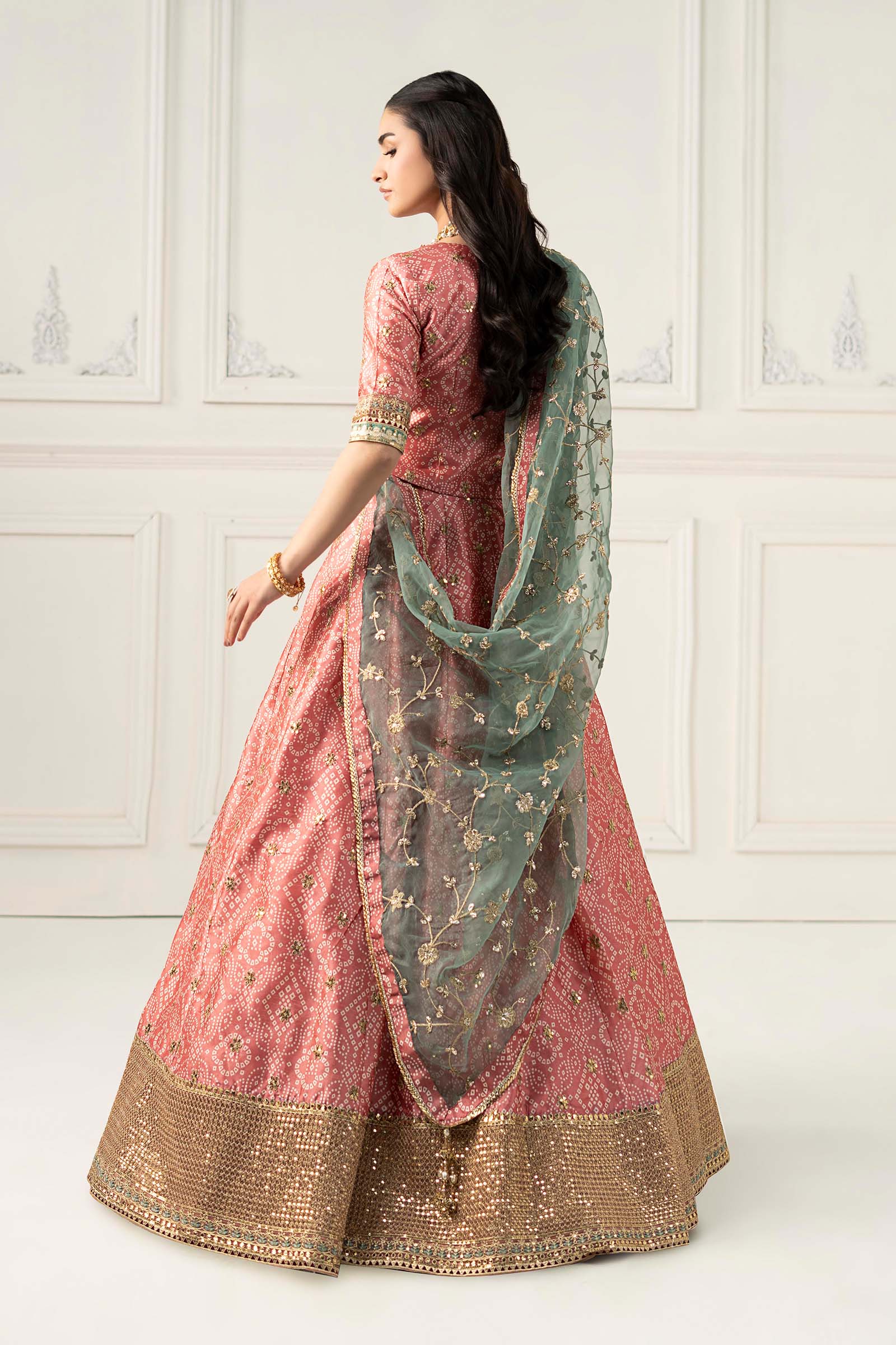 Pakistani Coral Embroidered Raw Silk Lehenga (3-Piece) - Image 9