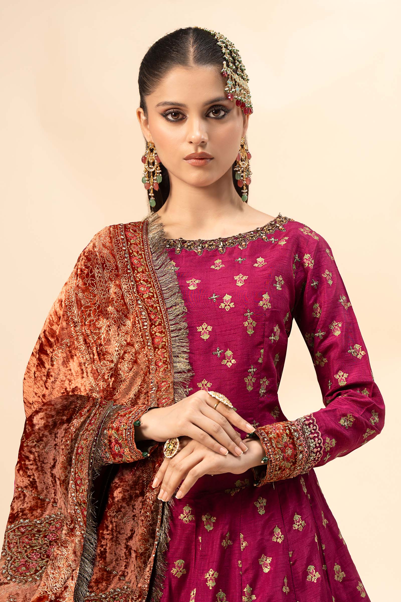 Magenta Embroidered Raw Silk Lehenga (3-Piece) - Image 2