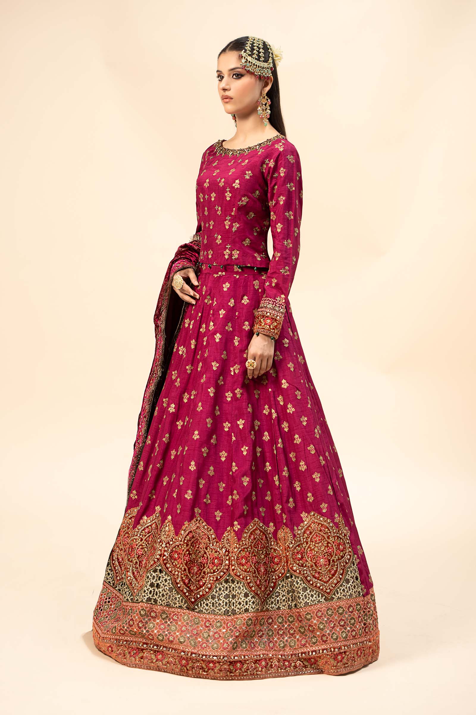 Magenta Embroidered Raw Silk Lehenga (3-Piece) - Image 3