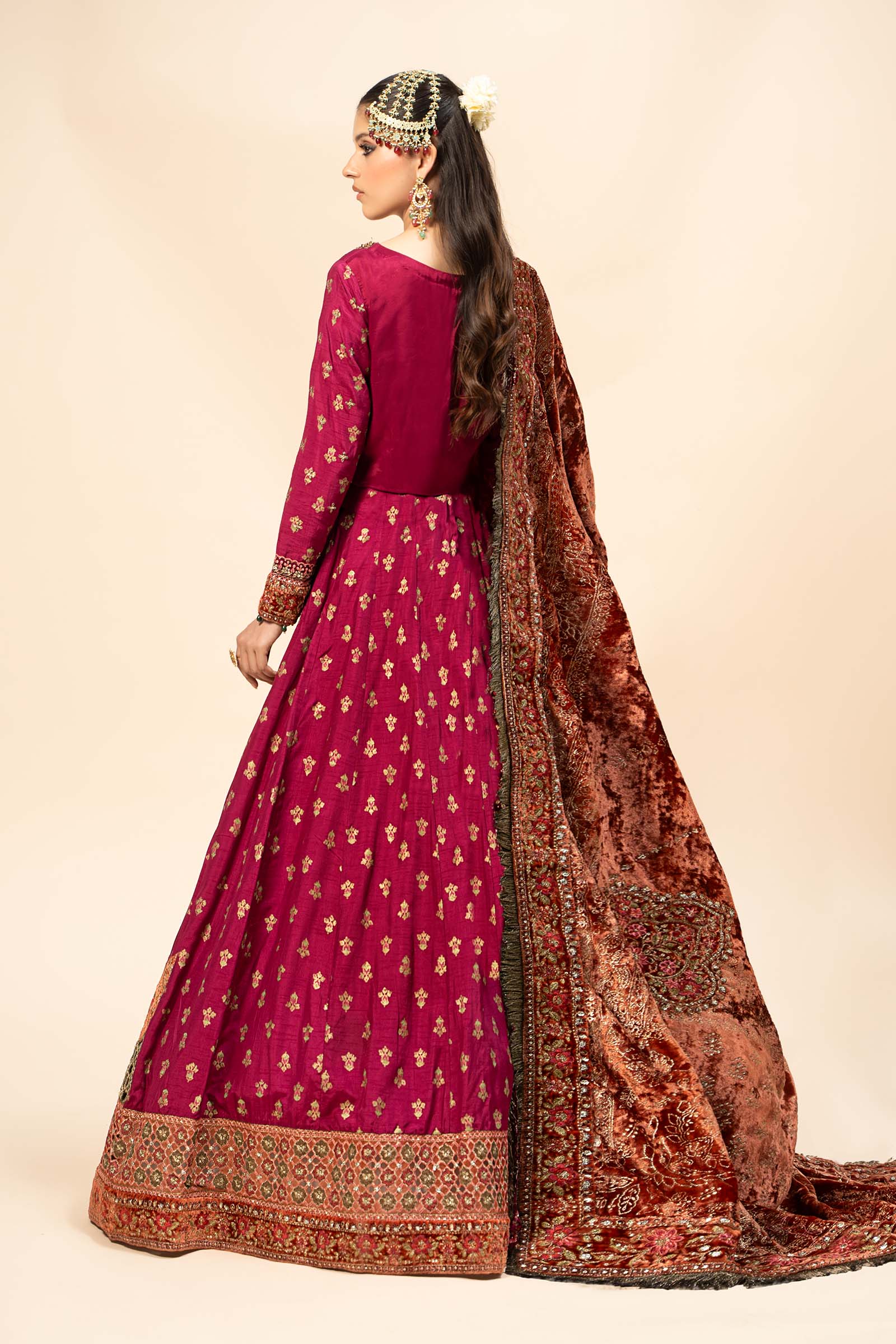 Magenta Embroidered Raw Silk Lehenga (3-Piece) - Image 5