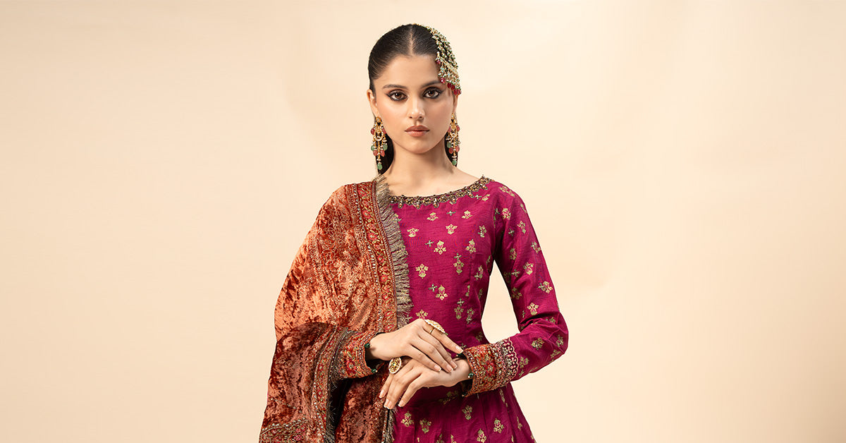 Magenta Embroidered Raw Silk Lehenga (3-Piece) - Image 6