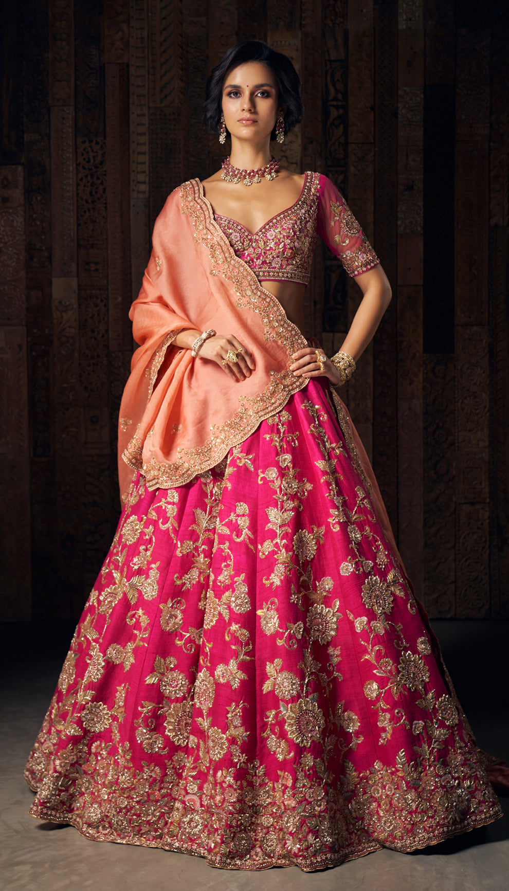 Rani Pink Zardozi Raw Silk Lehenga (3-Piece) - Image 1