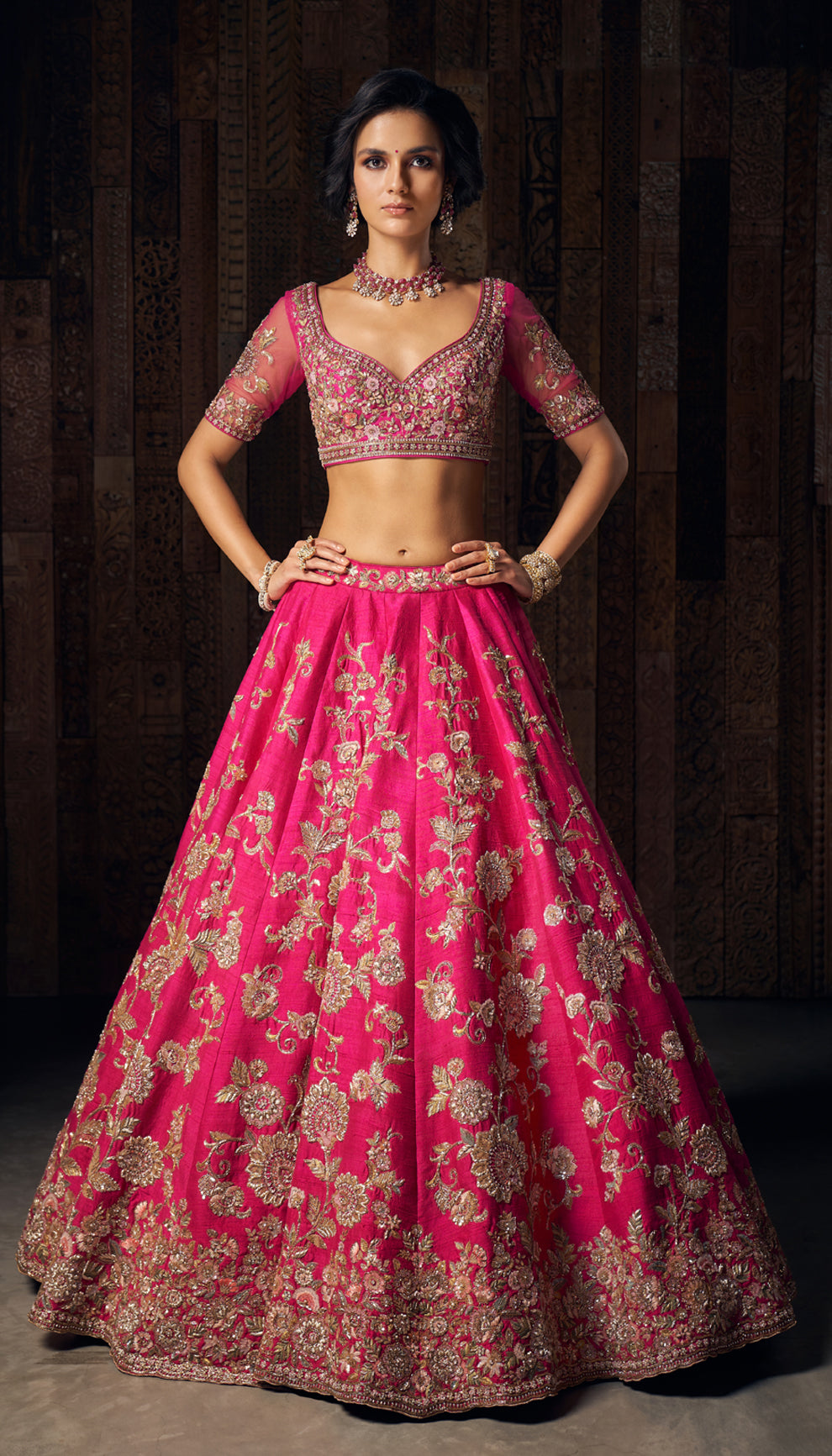 Rani Pink Zardozi Raw Silk Lehenga (3-Piece) - Image 3