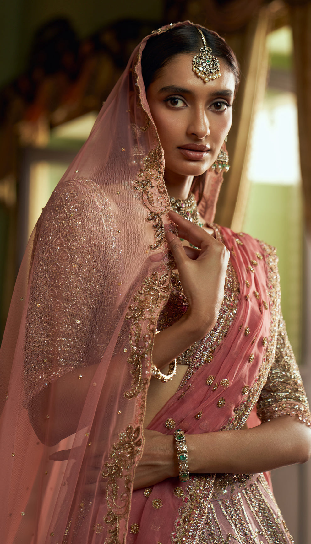 Indian Rose Pink Zardozi Raw Silk Lehenga (3-Piece) - Image 3