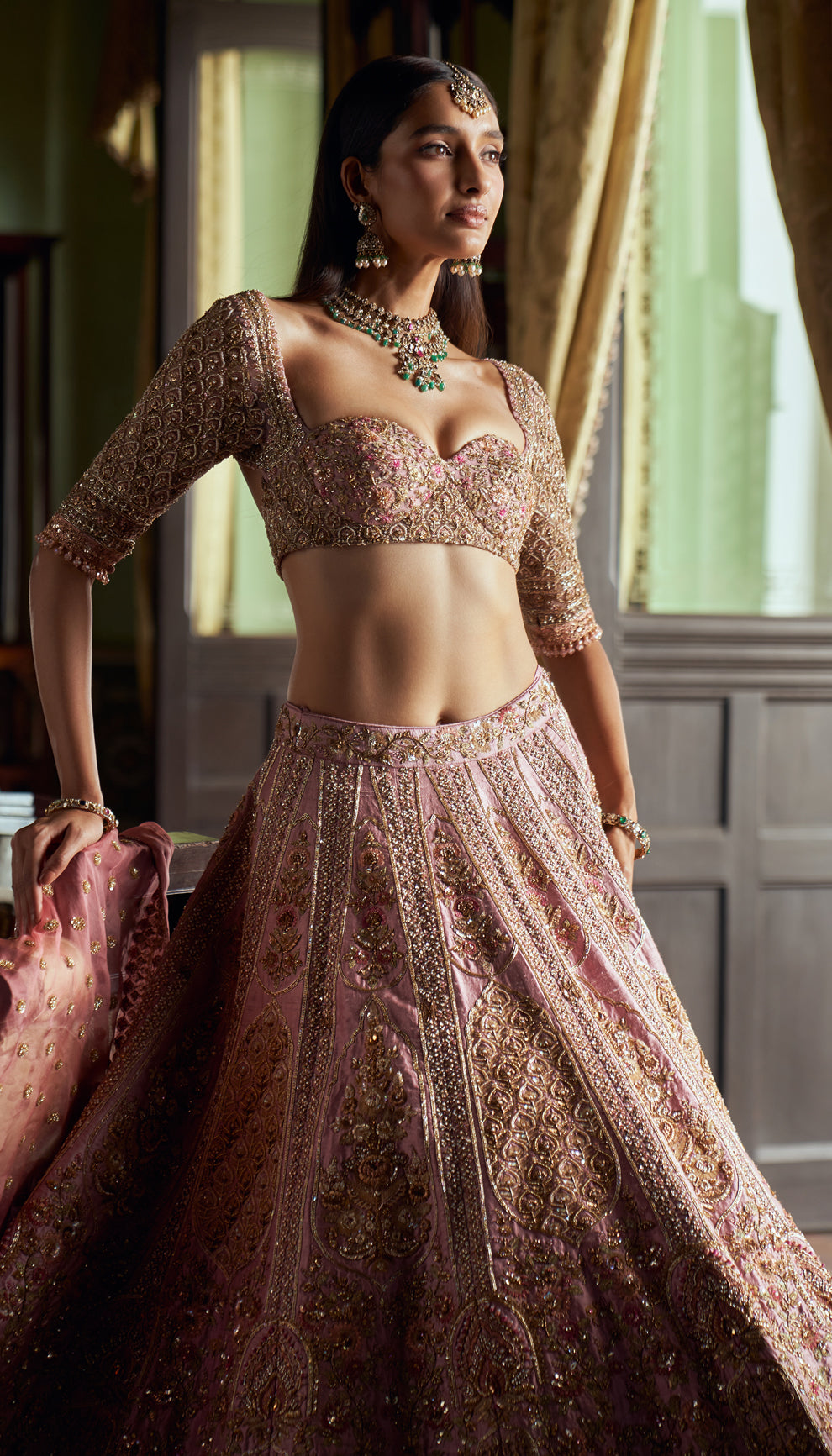 Indian Rose Pink Zardozi Raw Silk Lehenga (3-Piece) - Image 6