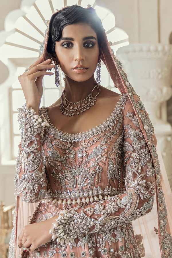 Pakistani Blush Pink Zardozi Raw Silk Bridal Lehenga (3-Piece) - Image 3