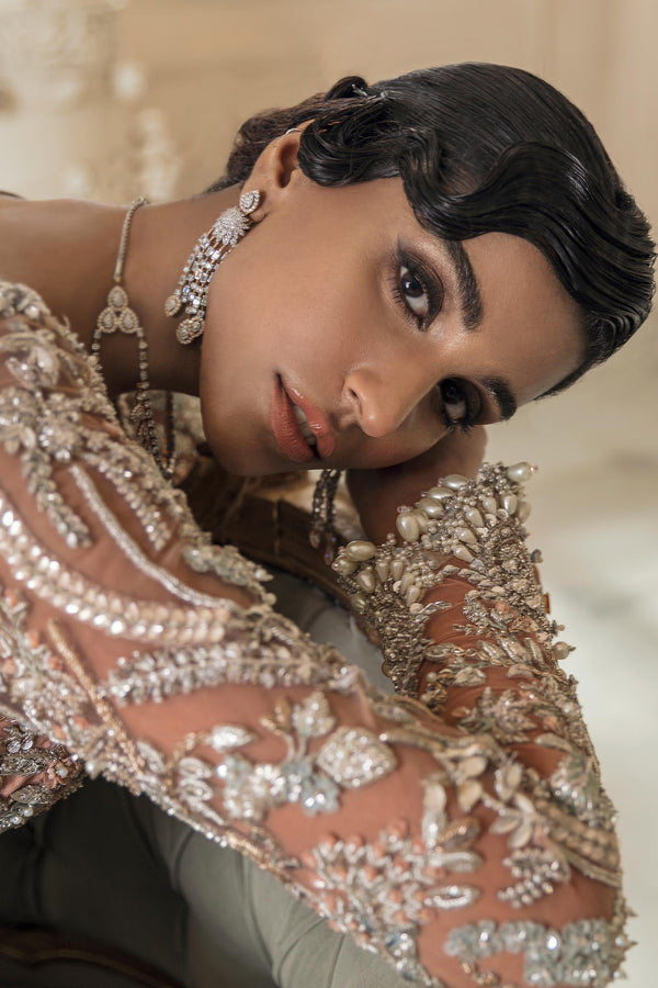 Pakistani Blush Pink Zardozi Raw Silk Bridal Lehenga (3-Piece) - Image 5