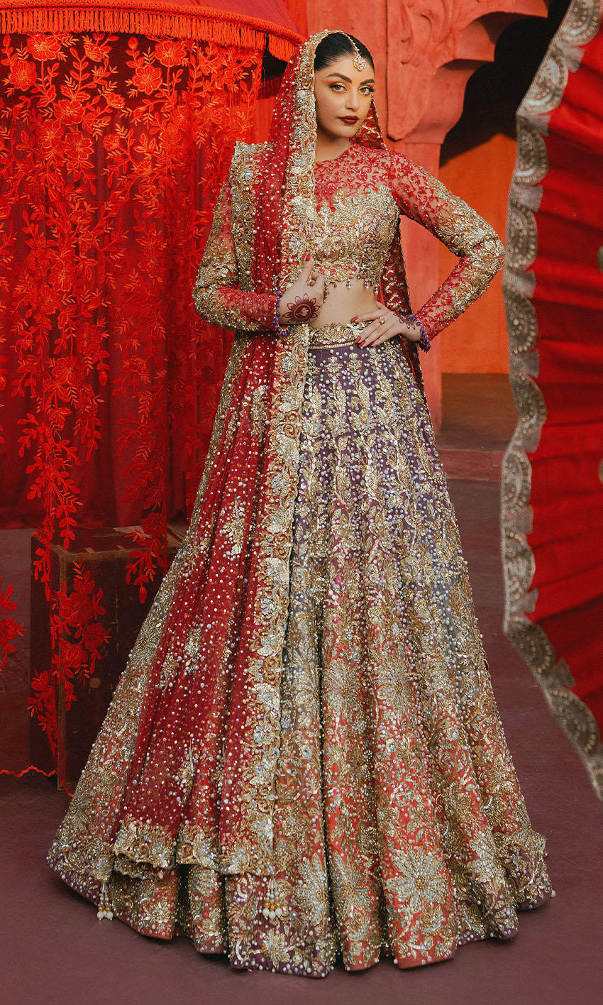 Pakistani Coral Purple Pink Ombre Embroidered Net Choli Raw Silk Lehenga (3-Piece) - Image 1