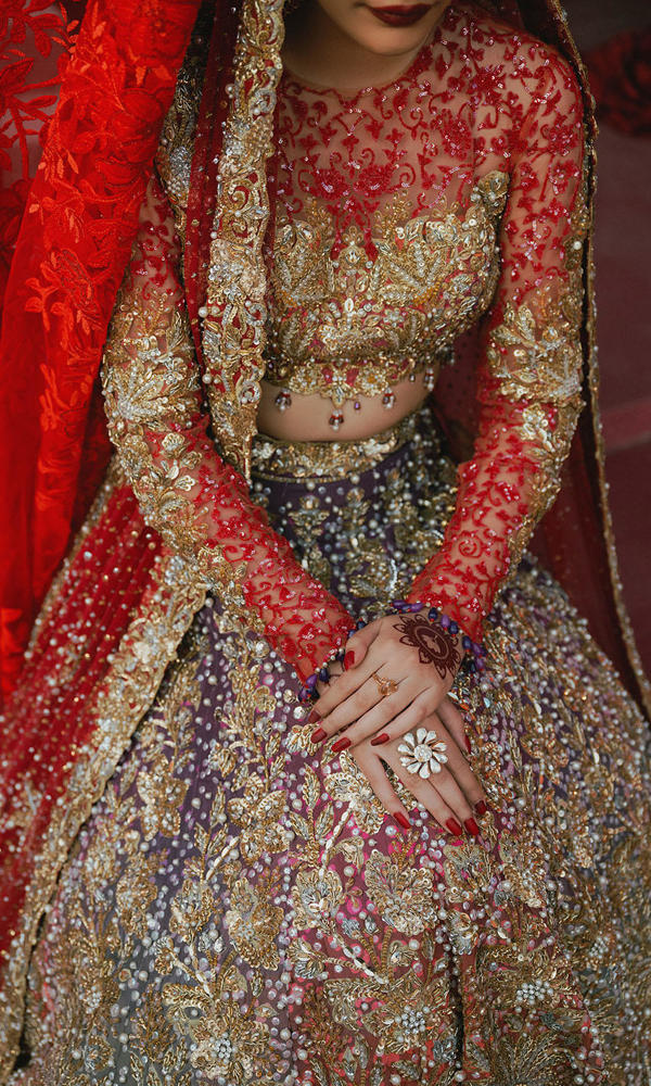 Pakistani Coral Purple Pink Ombre Embroidered Net Choli Raw Silk Lehenga (3-Piece) - Image 10