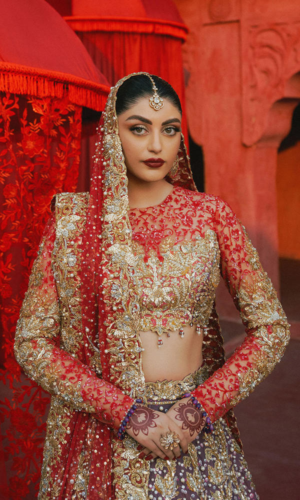 Pakistani Coral Purple Pink Ombre Embroidered Net Choli Raw Silk Lehenga (3-Piece) - Image 3