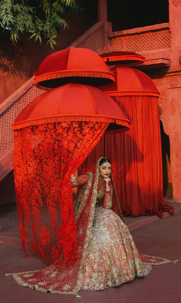 Pakistani Coral Purple Pink Ombre Embroidered Net Choli Raw Silk Lehenga (3-Piece) - Image 4