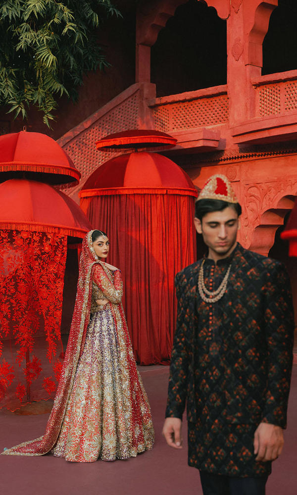 Pakistani Coral Purple Pink Ombre Embroidered Net Choli Raw Silk Lehenga (3-Piece) - Image 5