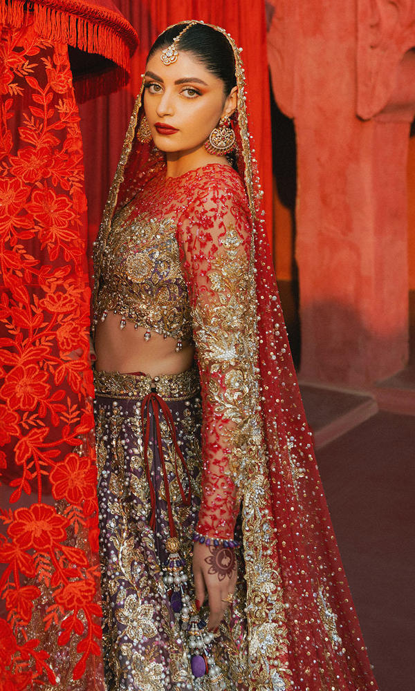 Pakistani Coral Purple Pink Ombre Embroidered Net Choli Raw Silk Lehenga (3-Piece) - Image 6