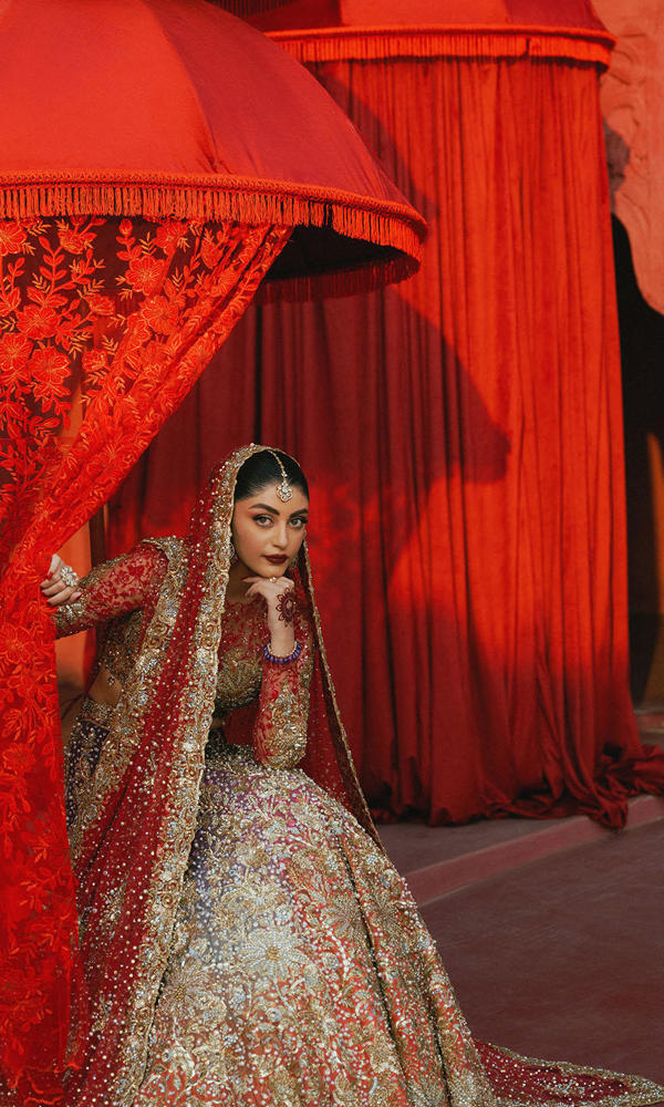 Pakistani Coral Purple Pink Ombre Embroidered Net Choli Raw Silk Lehenga (3-Piece) - Image 7