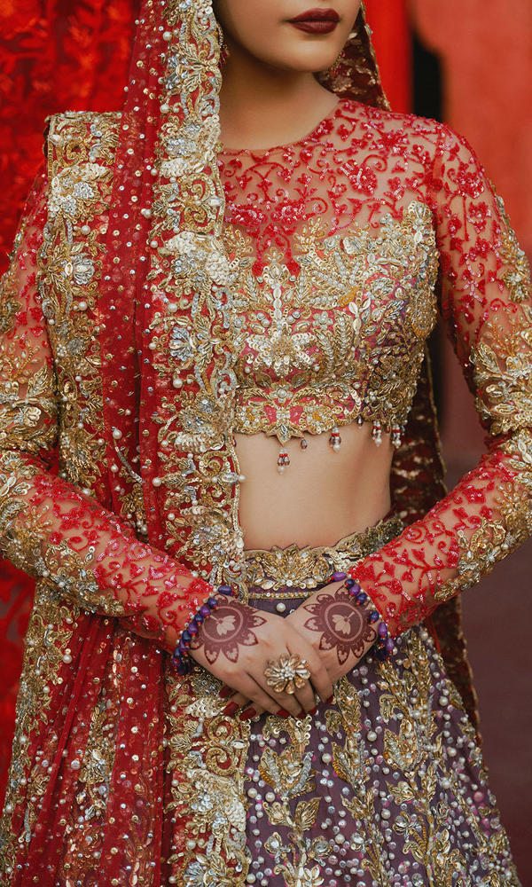 Pakistani Coral Purple Pink Ombre Embroidered Net Choli Raw Silk Lehenga (3-Piece) - Image 8