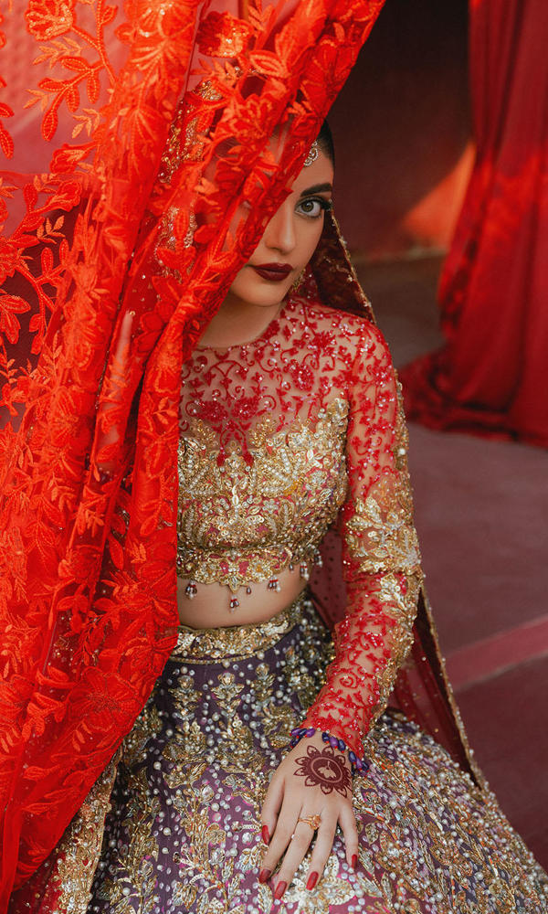 Pakistani Coral Purple Pink Ombre Embroidered Net Choli Raw Silk Lehenga (3-Piece) - Image 9