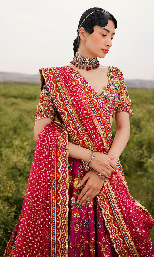 Pakistani Magenta Handworked Raw Silk Lehenga (3-Piece) - Image 10
